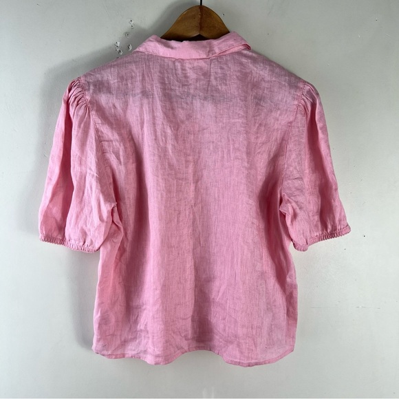 Laura Ashley Pink Size Medium Puff Sleeve 100% Linen Top Button Up Blouse Collar - Picture 5 of 9
